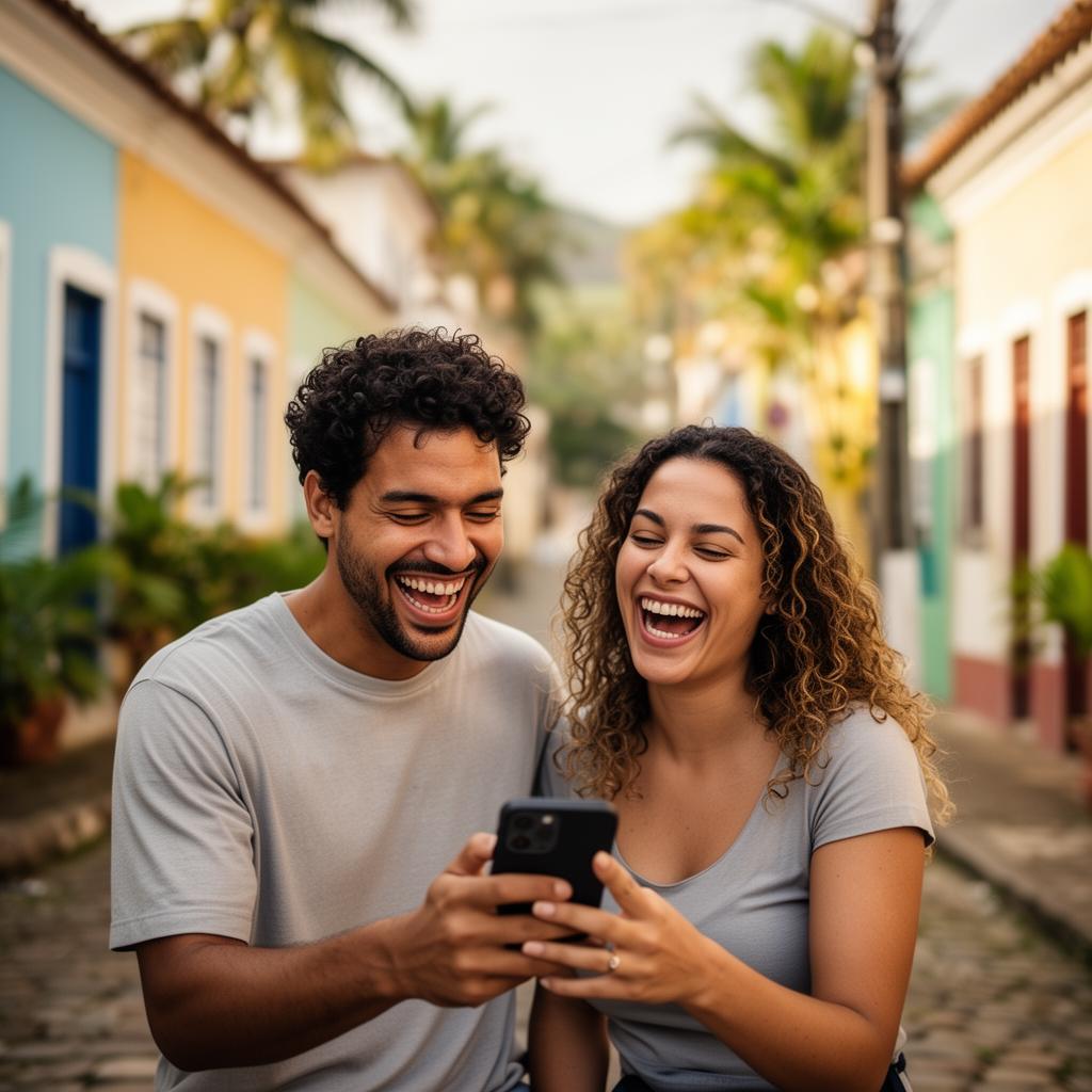 Casal sorrindo enquanto simula crédito Qivu pelo celular